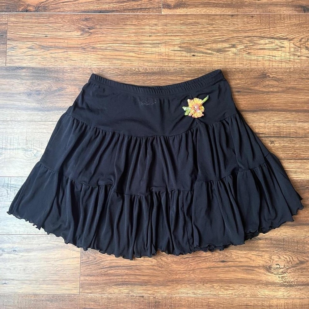 Vintage Black Y2K Tired Ruffle Mini Skirt Sequin Flower Applique Fairy Grunge
